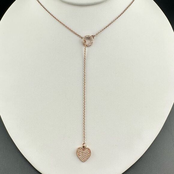 Betsy Johnson Rose Gold Pave rhinestone crystal Heart Lariat Drop Necklace - Picture 3 of 4